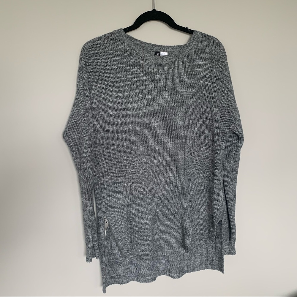 High Low Grey Sweater with Zipper Accent